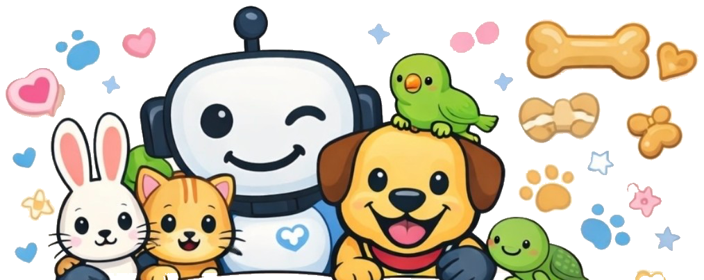 Zoí the robot mascot with a rabbit, cat, dog, bird, and turtle waving hello